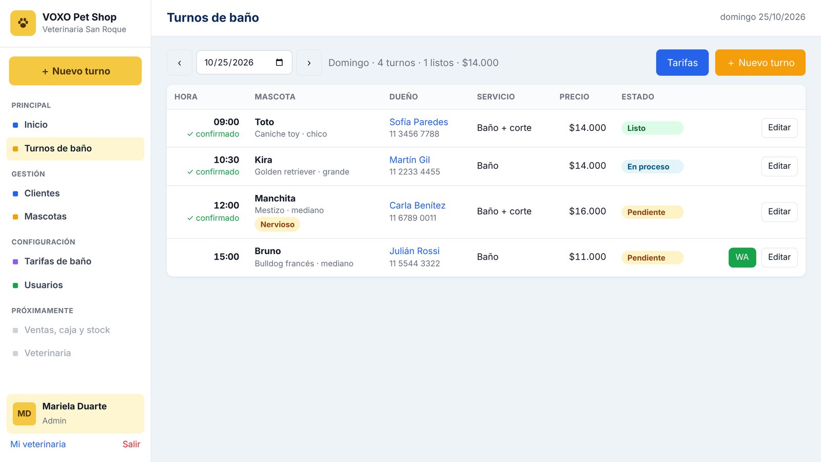 Pantalla de turnos de baño con cuatro turnos del día, sus precios y estados